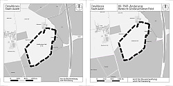 Auf dem Bild sind die Lagepläne für den Bebauungsplan 31-02 und die 89. FNP-Änderung "Großkuchener Feld" zu sehen.